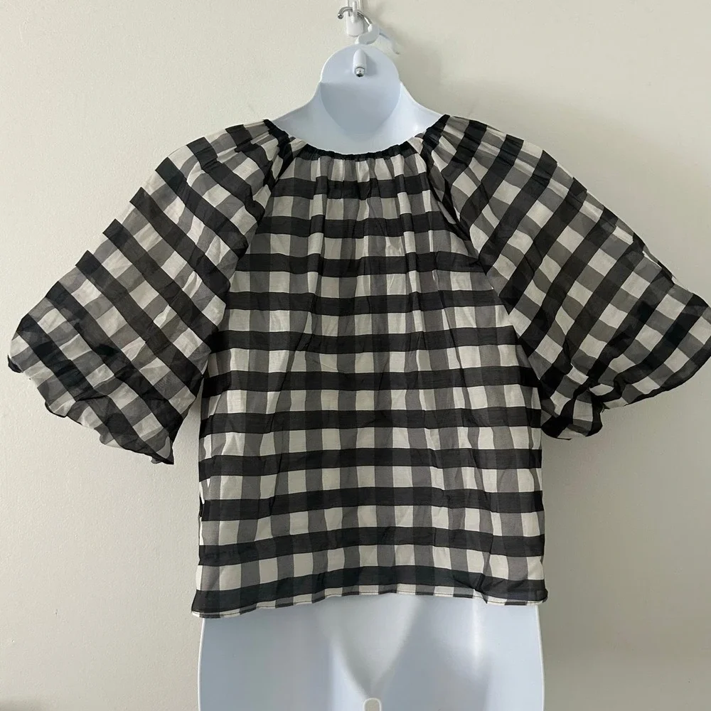 Madewell Women's Gingham Buffalo Plaid Bubble Sleeve Top Silk Blend 12 New